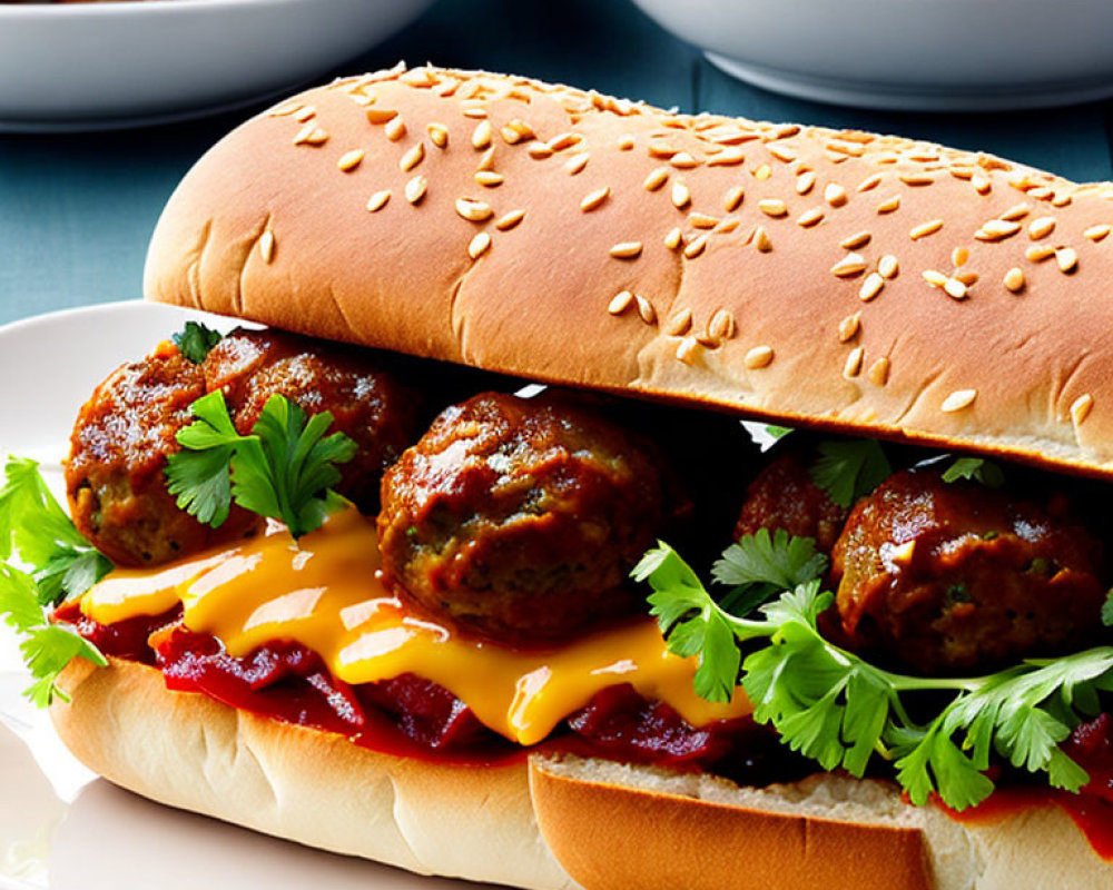 Savory meatball sub with melted cheese and tomato sauce on sesame seed bun