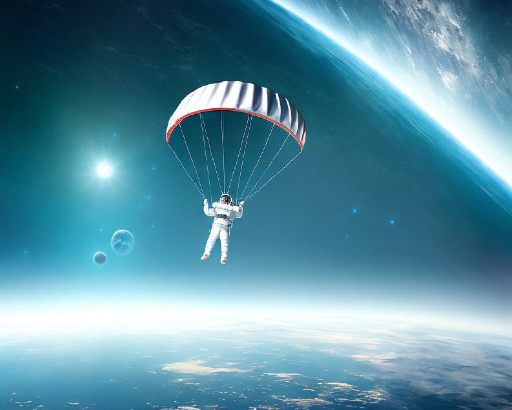 Astronaut parachuting from space with Earth's curvature and space visible