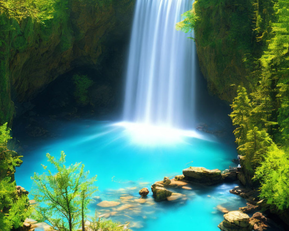 Majestic waterfall cascading into turquoise pool amid lush greenery