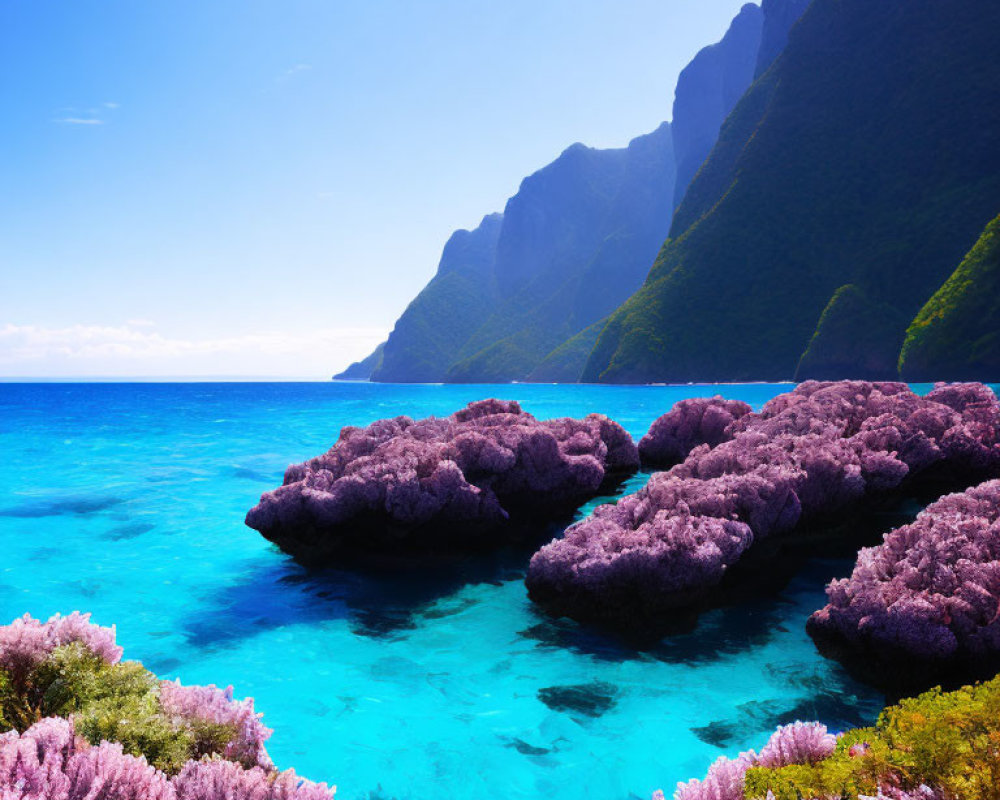 Vibrant coastal scene with purple foliage, turquoise waters, and green mountains