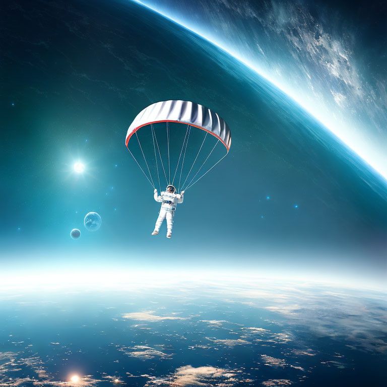 Astronaut parachuting from space with Earth's curvature and space visible