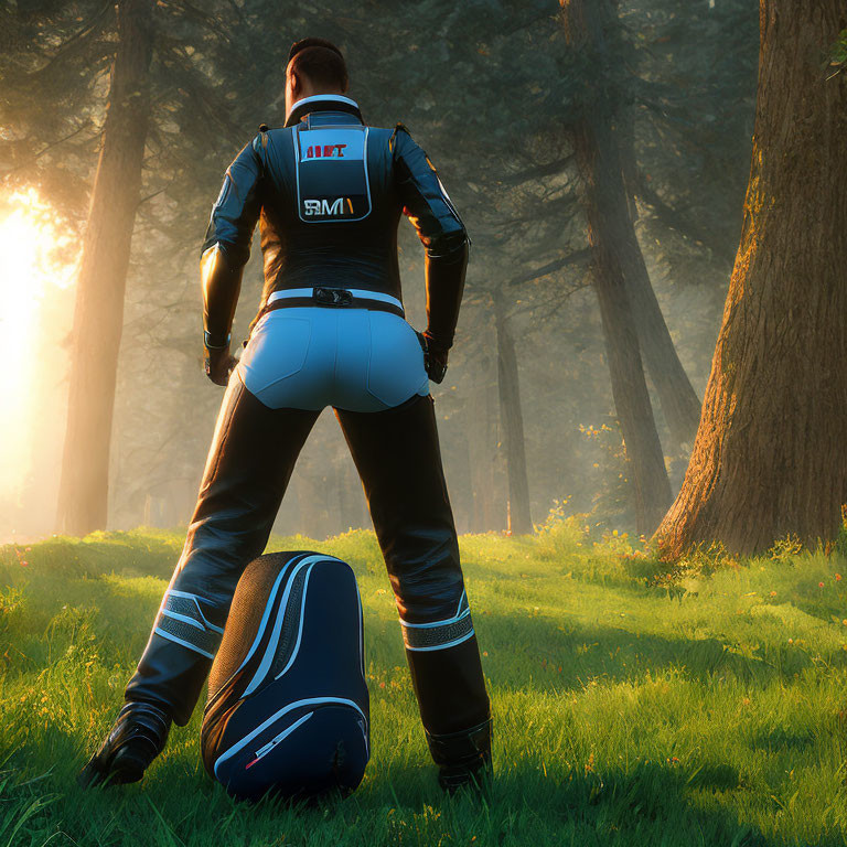 Futuristic suit kneeling in forest with sunlight filtering.