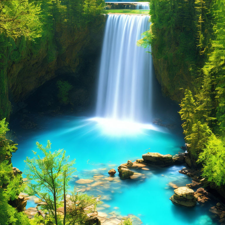 Majestic waterfall cascading into turquoise pool amid lush greenery