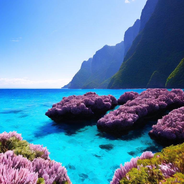 Vibrant coastal scene with purple foliage, turquoise waters, and green mountains