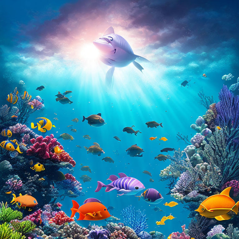 Colorful Fish and Coral in Sunlit Underwater Scene