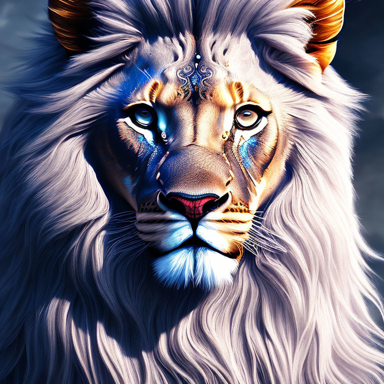 Vibrant digital artwork of majestic lion with mystical design and blue eyes