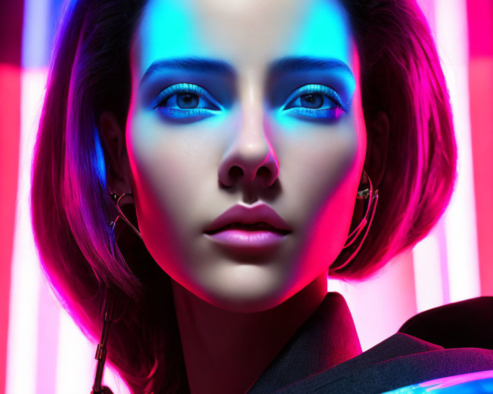 Digital artwork: Woman with blue eyes under neon lights