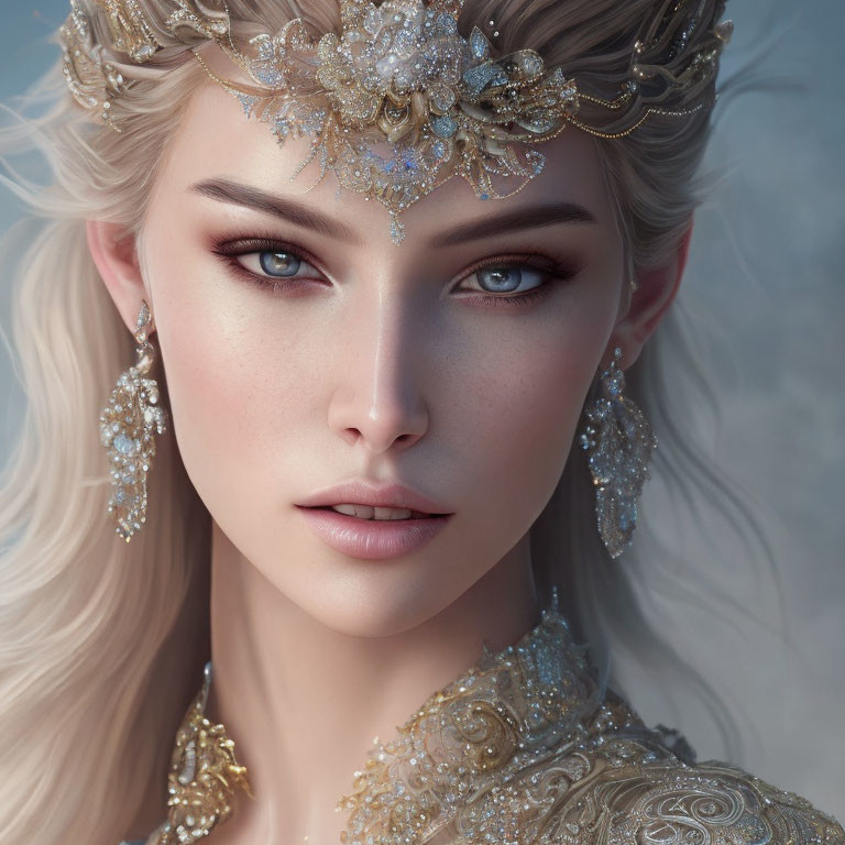 Portrait of Woman with Pale Skin, Blue Eyes, Blonde Hair, Golden Crown & Gemstone Earrings