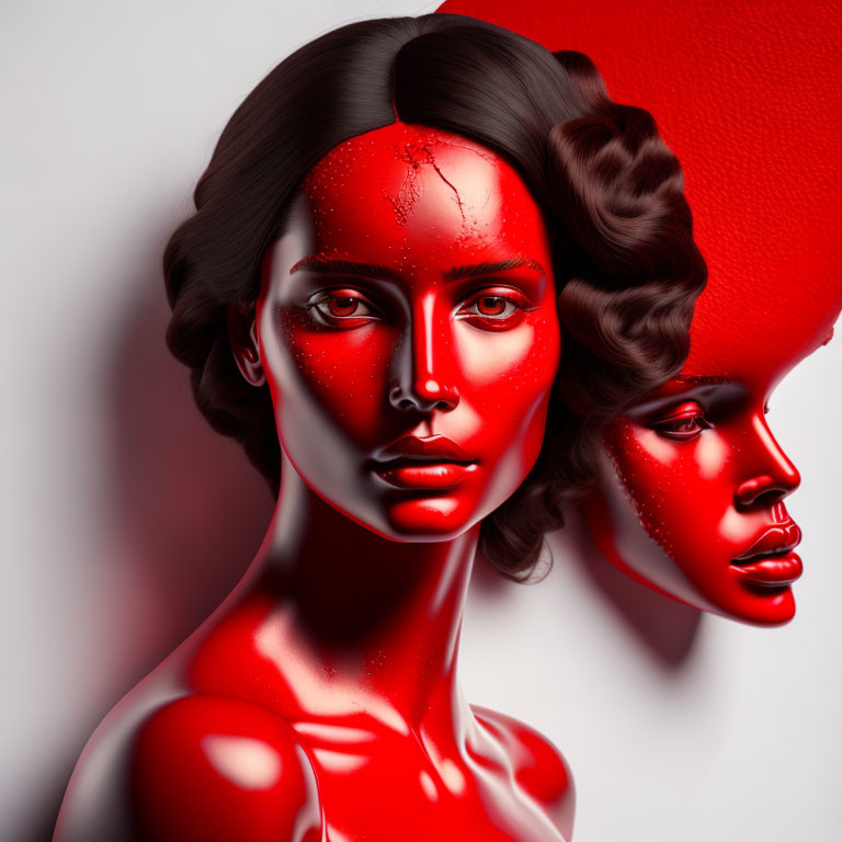 3D Illustration of Two Female Figures with Glossy Red Skin and Vintage Hairstyles