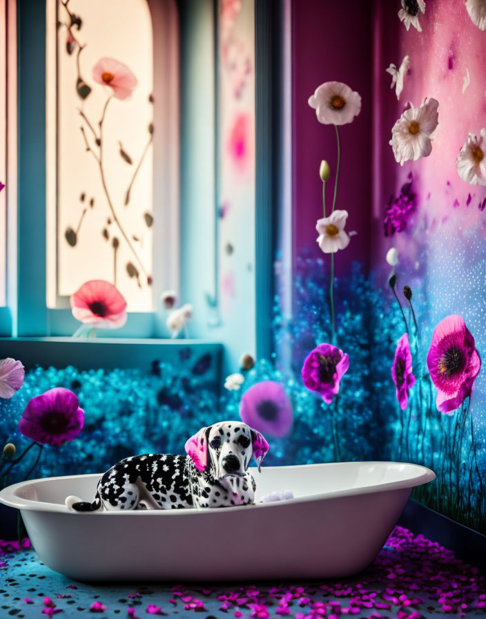 Dalmatian with pink bowtie in bathtub surrounded by pink flowers and cosmos-themed backdrop