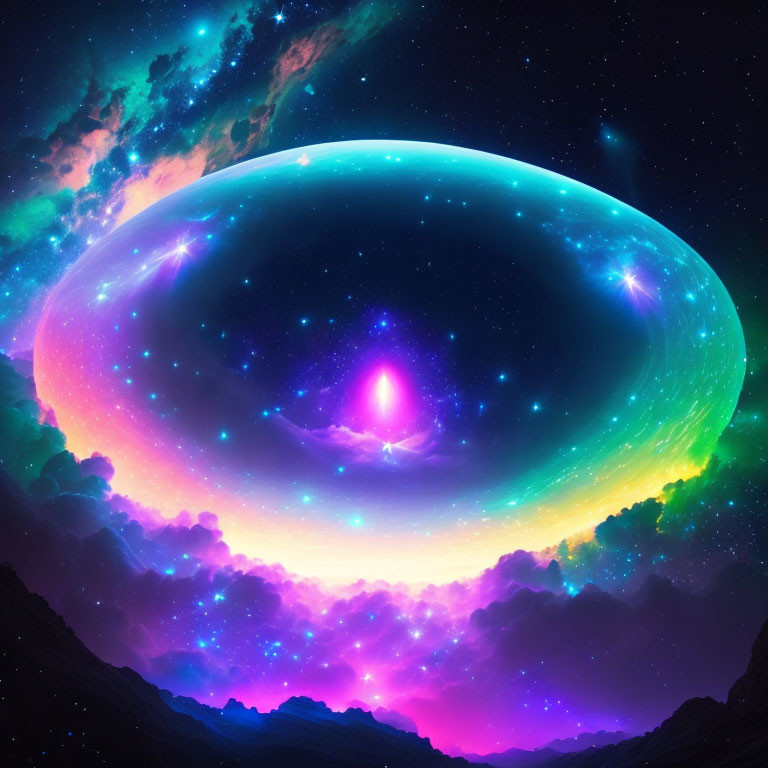 Colorful cosmic bubble art with nebulae on rocky landscape