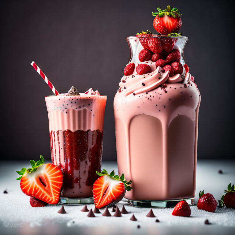 Strawberry milkshake with whipped cream, berries, and chocolate drops in glass jar.