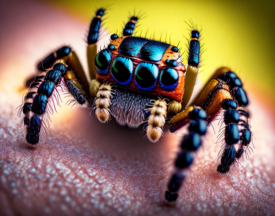 Colorful Jumping Spider with Multiple Eyes and Hairy Legs on Textured Surface