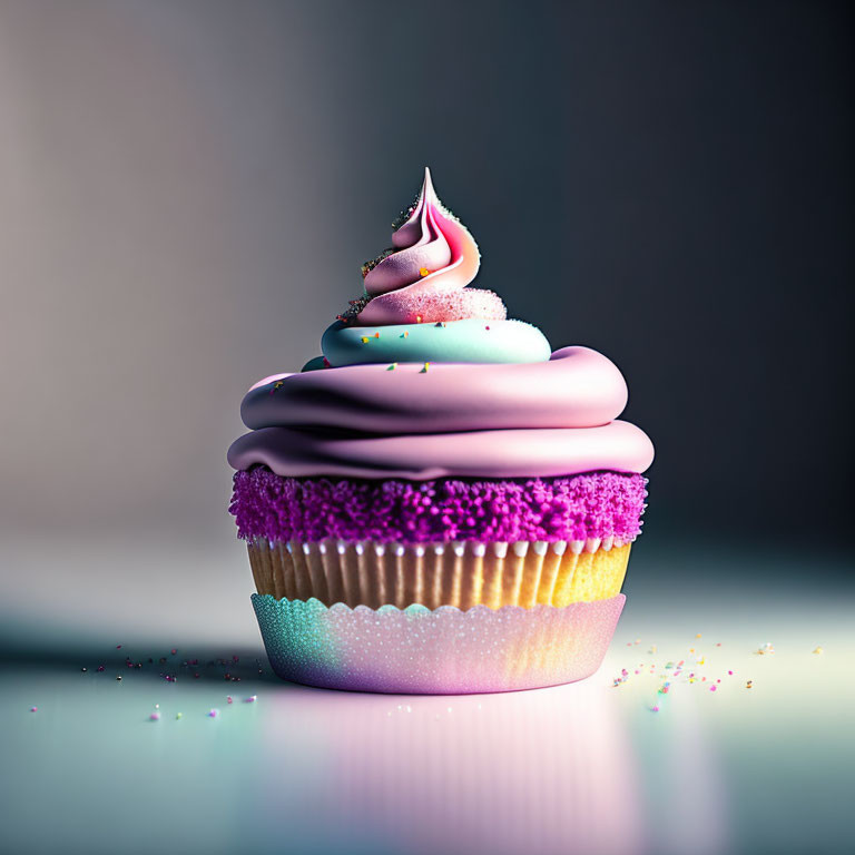 Colorful Cupcake with Pink and Blue Swirled Icing and Sprinkles