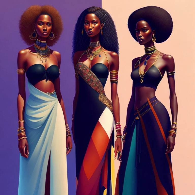 Stylized women in afro hairstyles and vibrant African attire