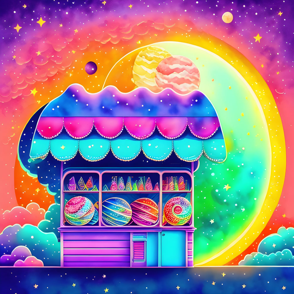 Colorful Illustration of Whimsical Kiosk Under Starry Sky with Crescent Moon and Cosmic Plan