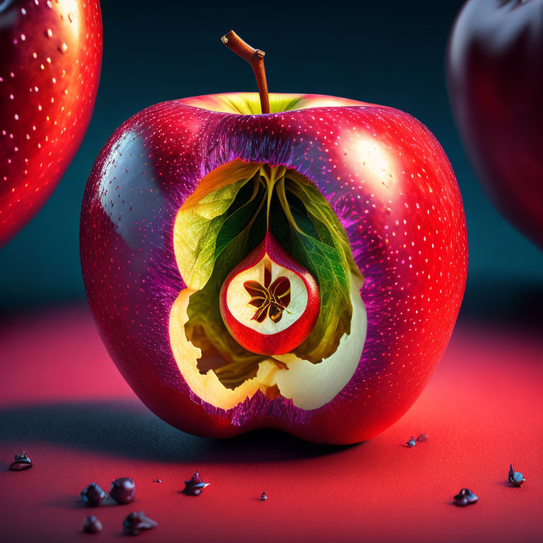 Vibrant red apple with creative cutaway showcasing layers of fruit inside