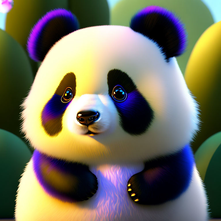 Stylized 3D-rendered panda with large eyes on colorful background