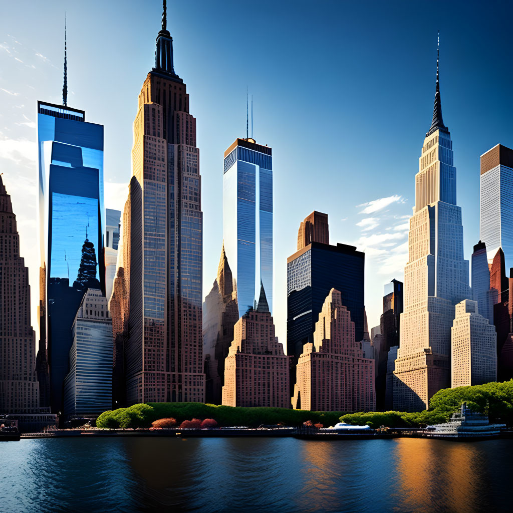 Iconic Manhattan skyline with towering skyscrapers against clear blue sky viewed from water's edge