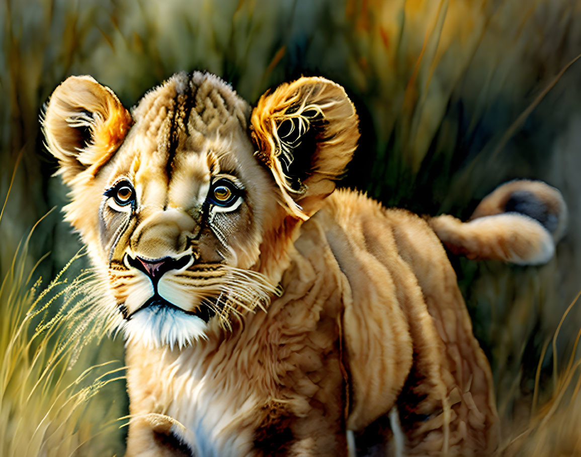 Illustrated lion cub with fluffy mane in golden grasses