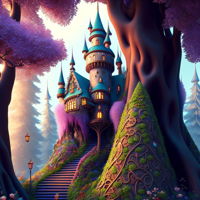 Whimsical castle in vibrant purple foliage at twilight