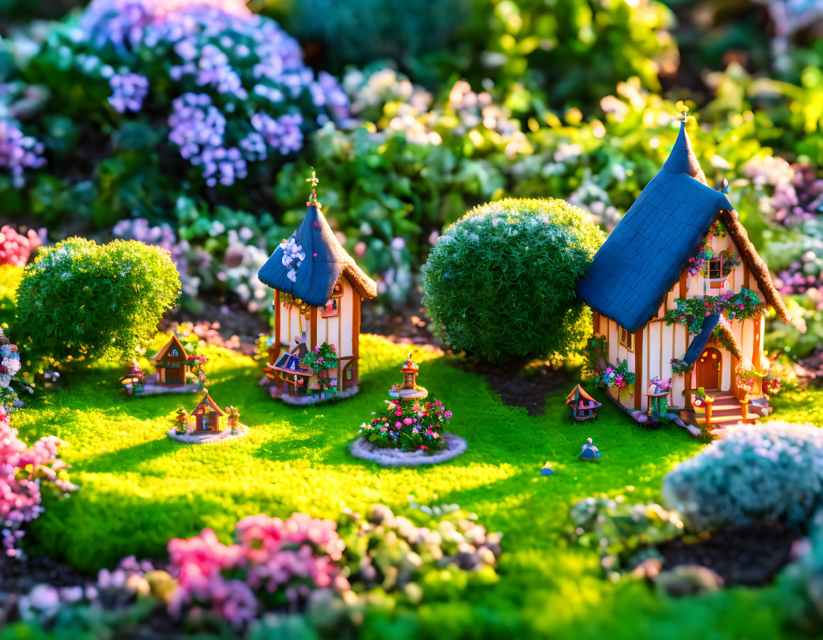 Colorful miniature fairy tale village with vibrant gardens and lush greenery in warm sunlight