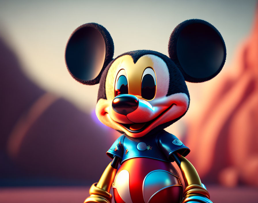 Colorful 3D Mickey Mouse in glossy spacesuit with classic ears on soft-focus backdrop