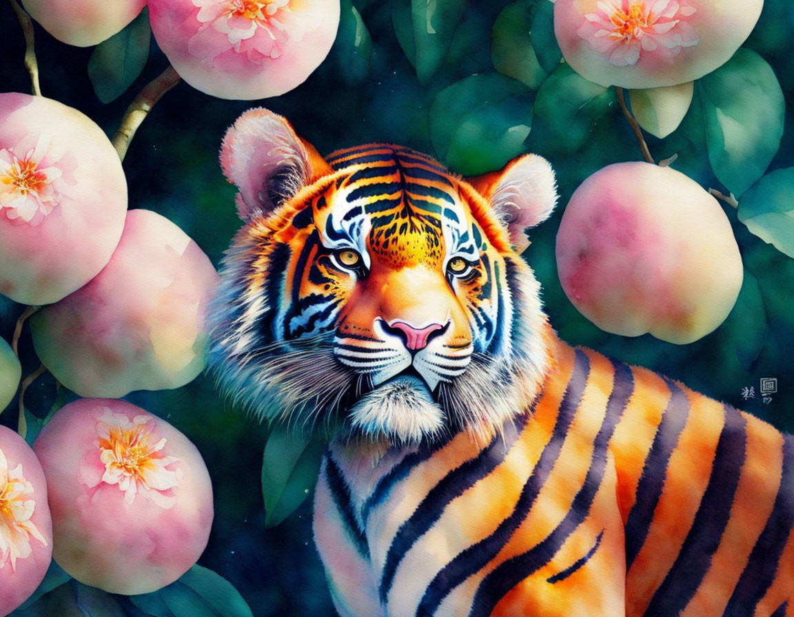 Colorful Tiger Painting Among Pink Flowers with Detailed Contrast