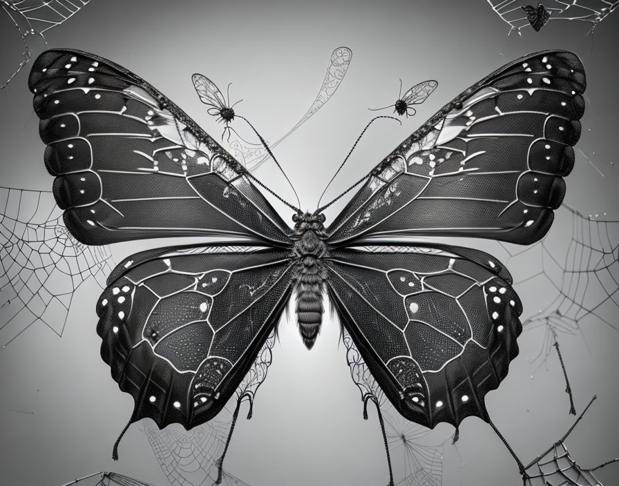 Monochrome butterfly surrounded by insects and spiderwebs