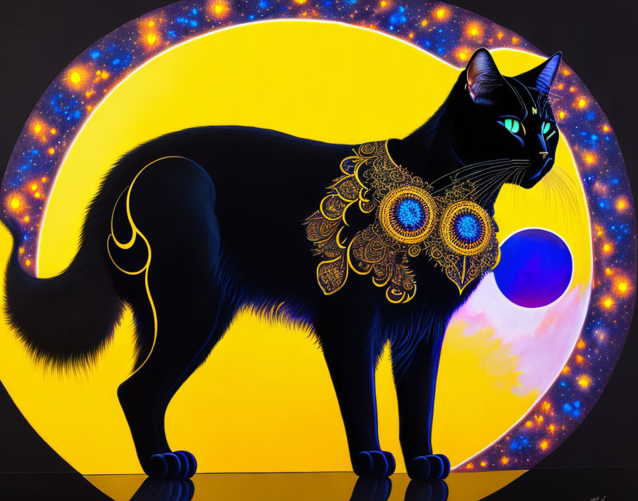 Stylized black cat with blue and gold collar on crescent moon backdrop