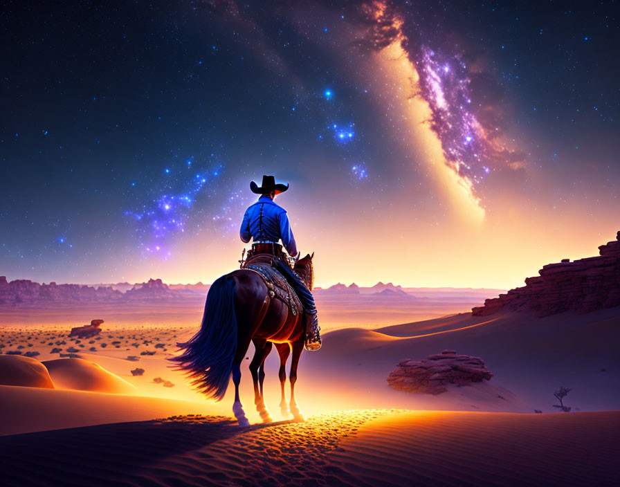 Cowboy on horseback under starry Milky Way in desert twilight