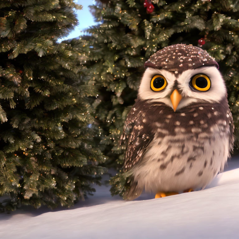 Cartoon-style owl in snowy Christmas scene with large yellow eyes