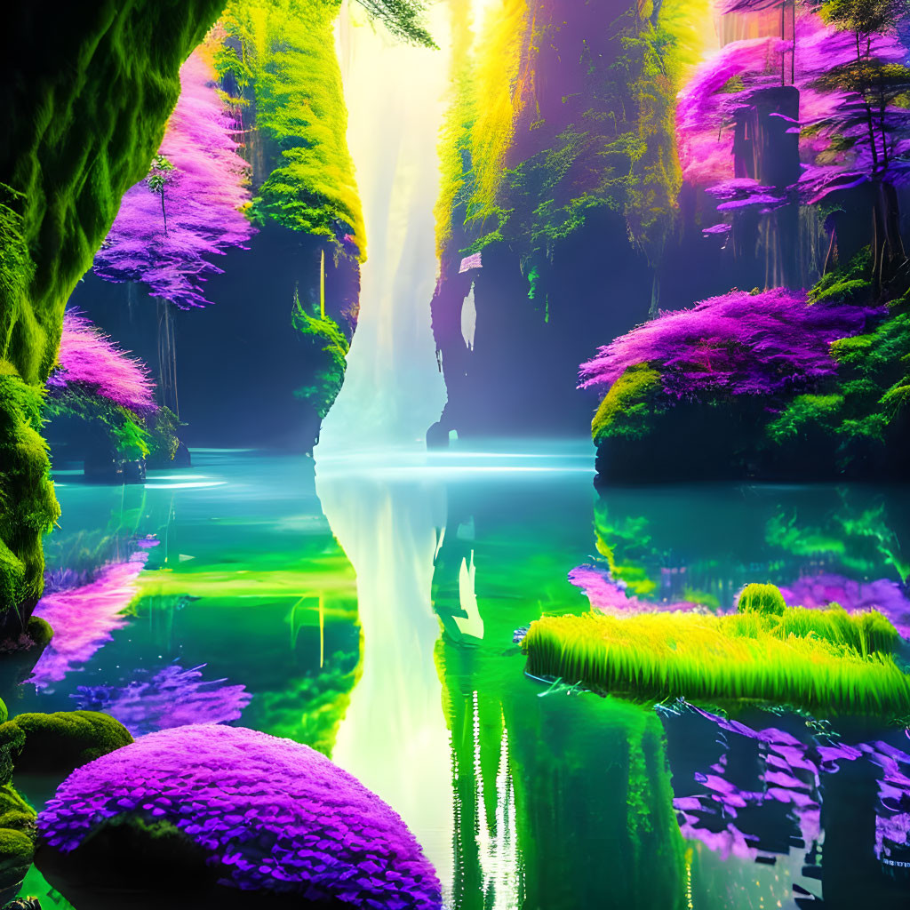 Fantasy landscape with green water, waterfall, and purple-pink foliage