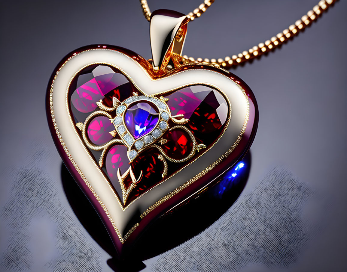 Heart-Shaped Gemstone Pendant with Gold Detailing on Chain