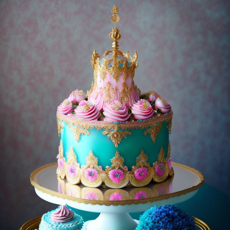 Blue and Pink Crown Cake with Edible Gold Accents on Gold Stand