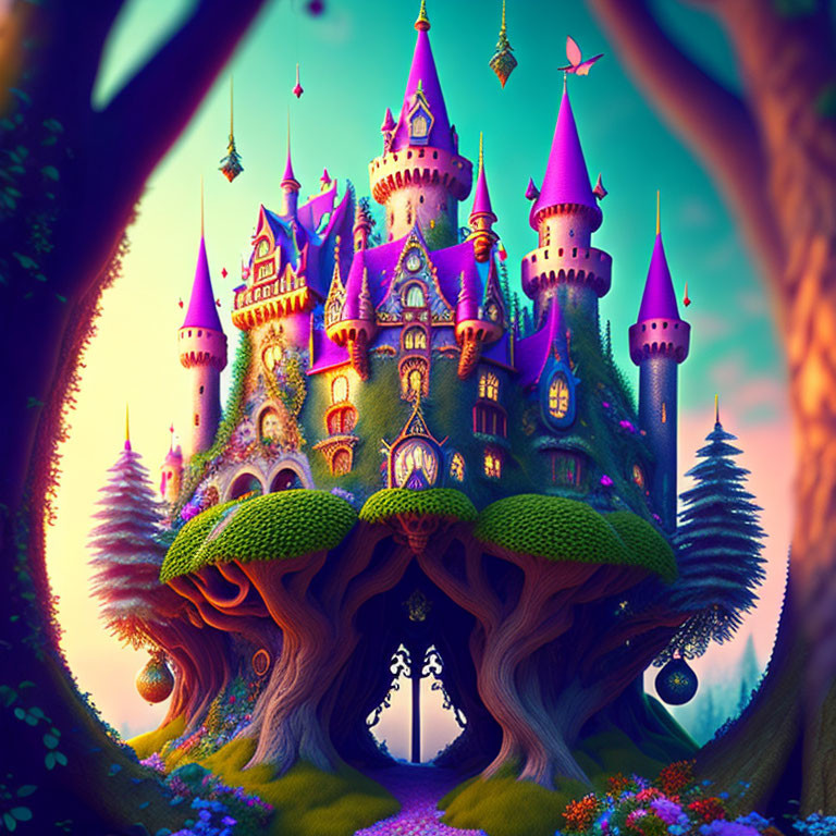 Fantastical castle with purple spires in magical forest