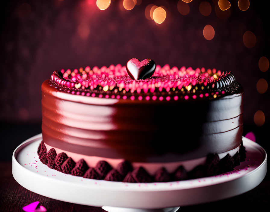 Chocolate cake with pink and red sprinkles and heart decoration on white stand with bokeh light background