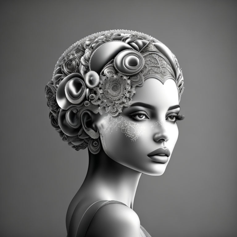 Monochrome image of woman with intricate steampunk hairstyles