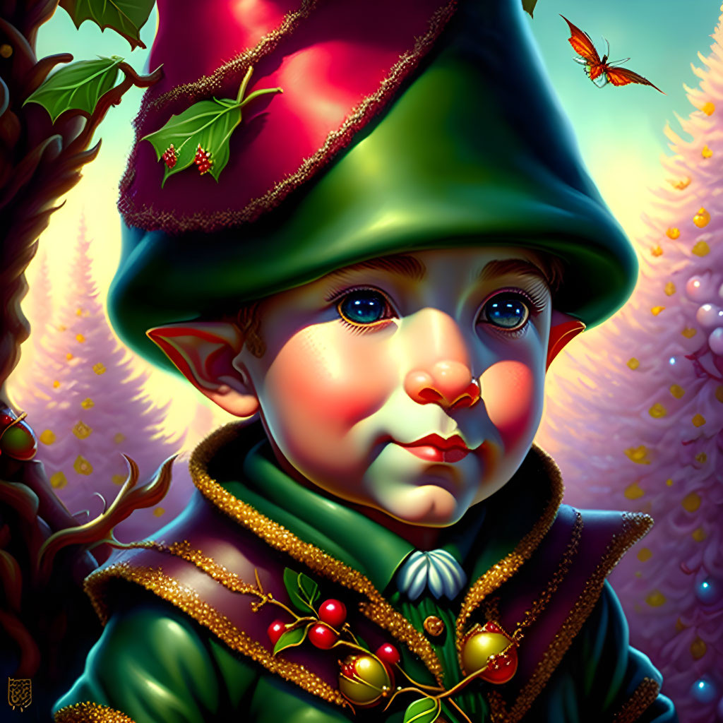 Elf child portrait with blue eyes, green hat, and holly coat