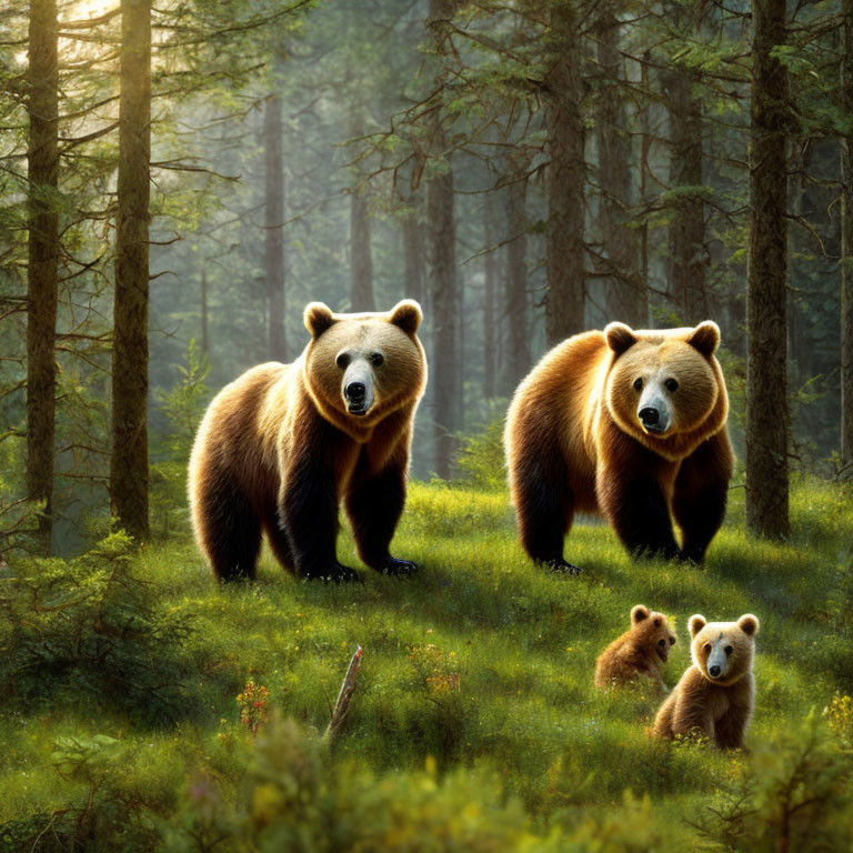 Adult and cub bears in sunlit forest clearing with trees