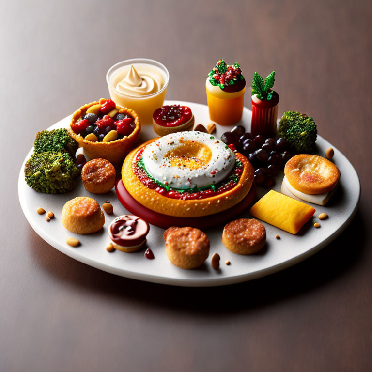 Assorted snacks: dips, crackers, cheese, olives, and veggies on gray plate