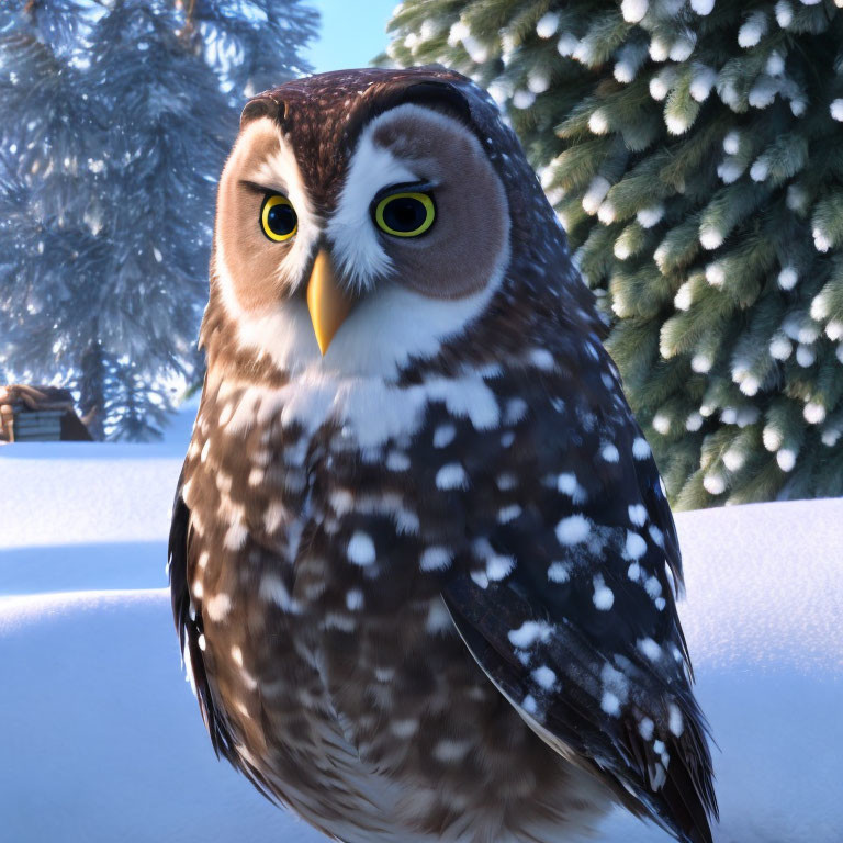 Spotted owl with yellow eyes in snowy landscape with pine trees