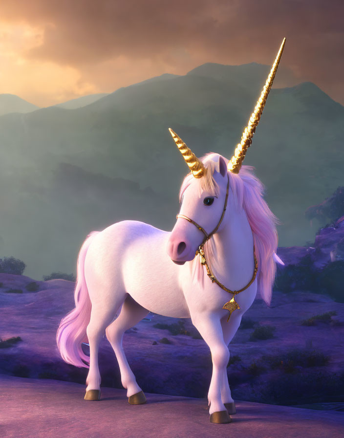 Majestic unicorn with golden horn on rocky outcrop at sunset