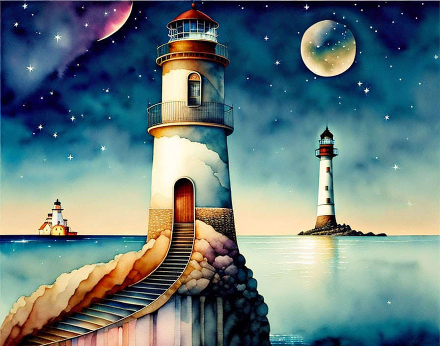 Surreal seascape with two lighthouses, stairway, starry sky, and moon