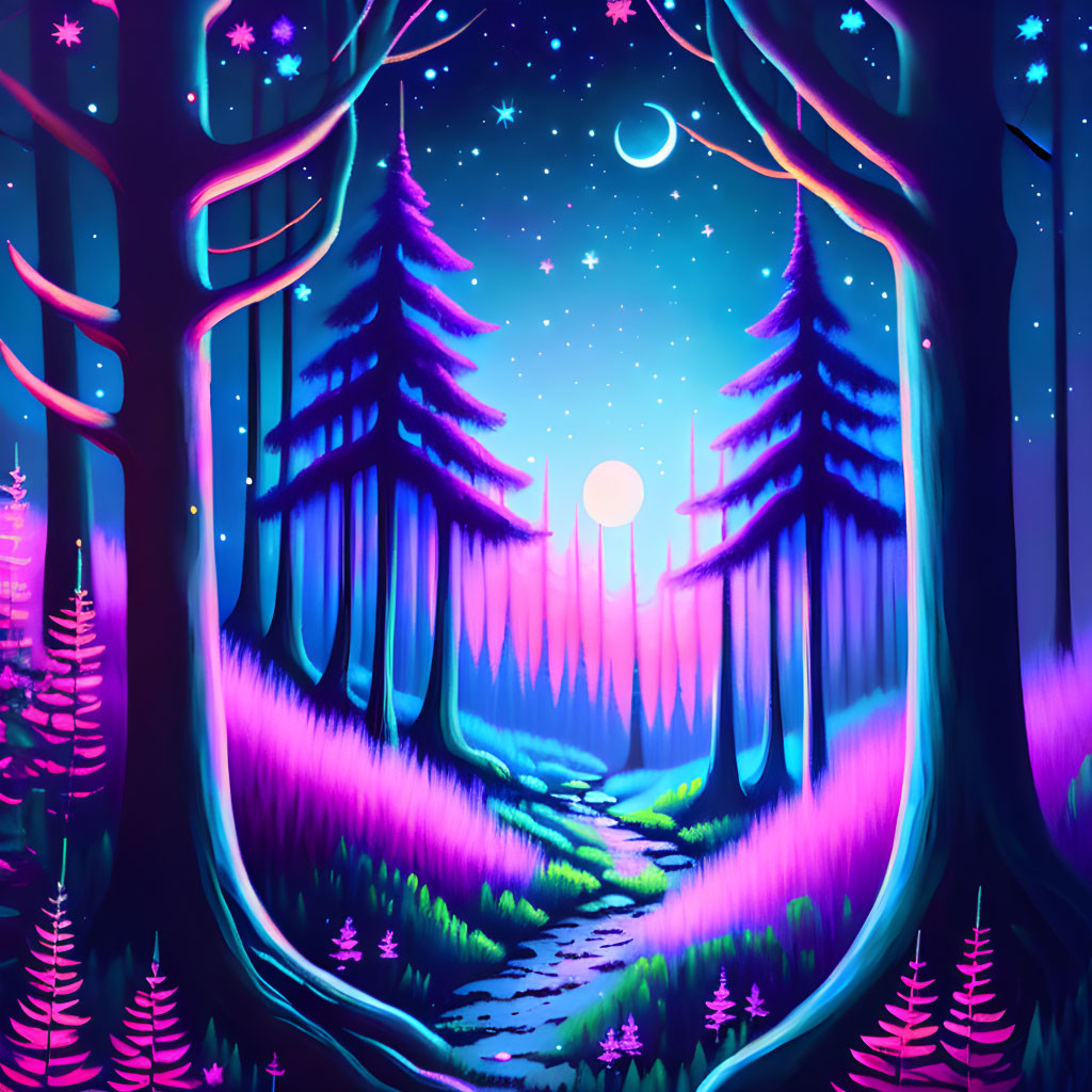 Surreal night forest with purple hues, crescent moon, stars, and glowing path