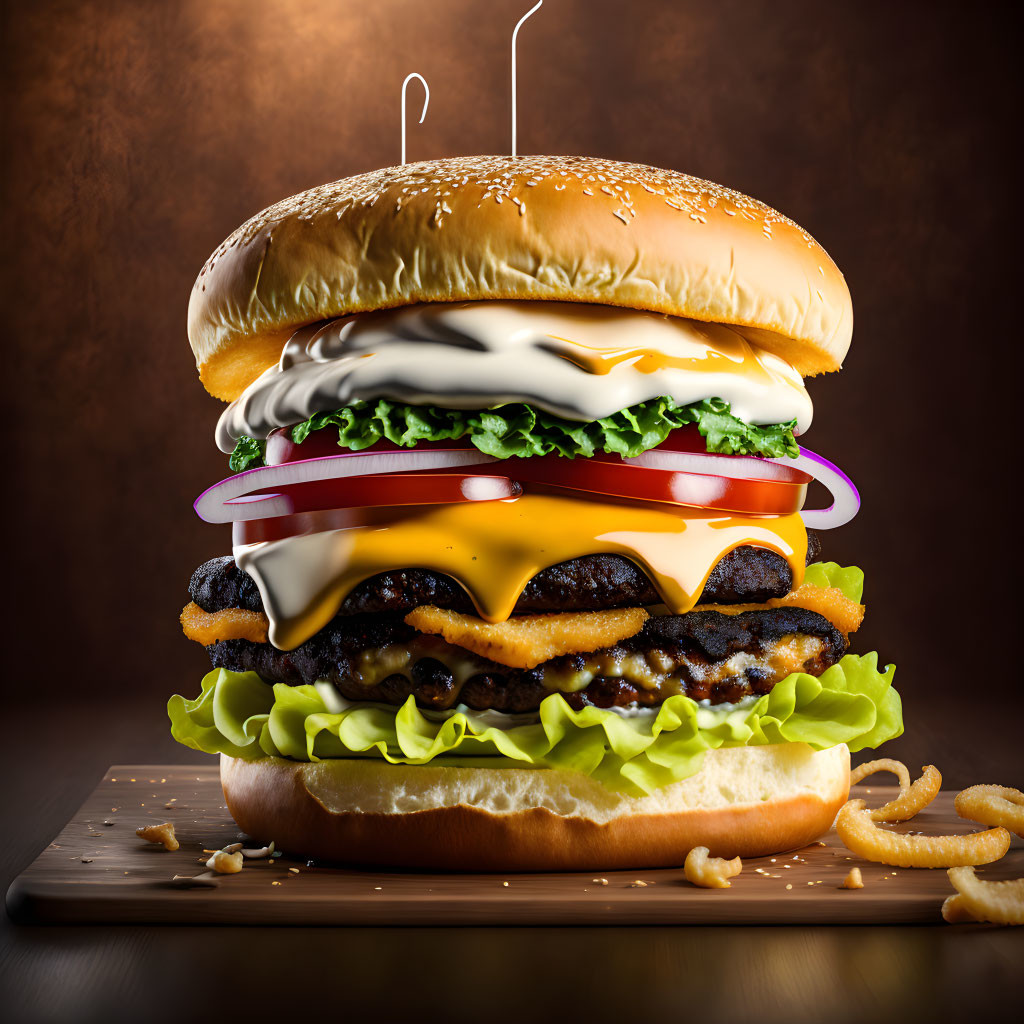 Delicious double cheeseburger with lettuce, tomato, onions, and sauce on wooden board