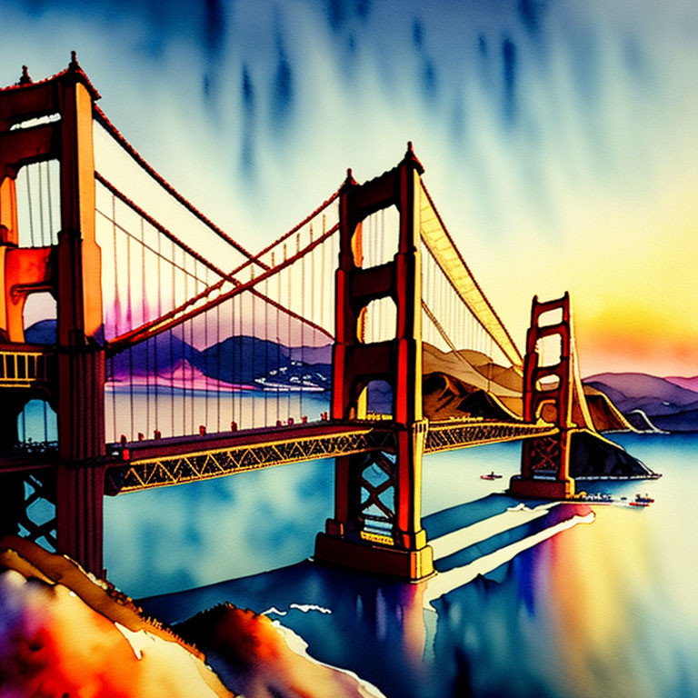 Vivid Sunset Illustration: Golden Gate Bridge in Stylized Colors