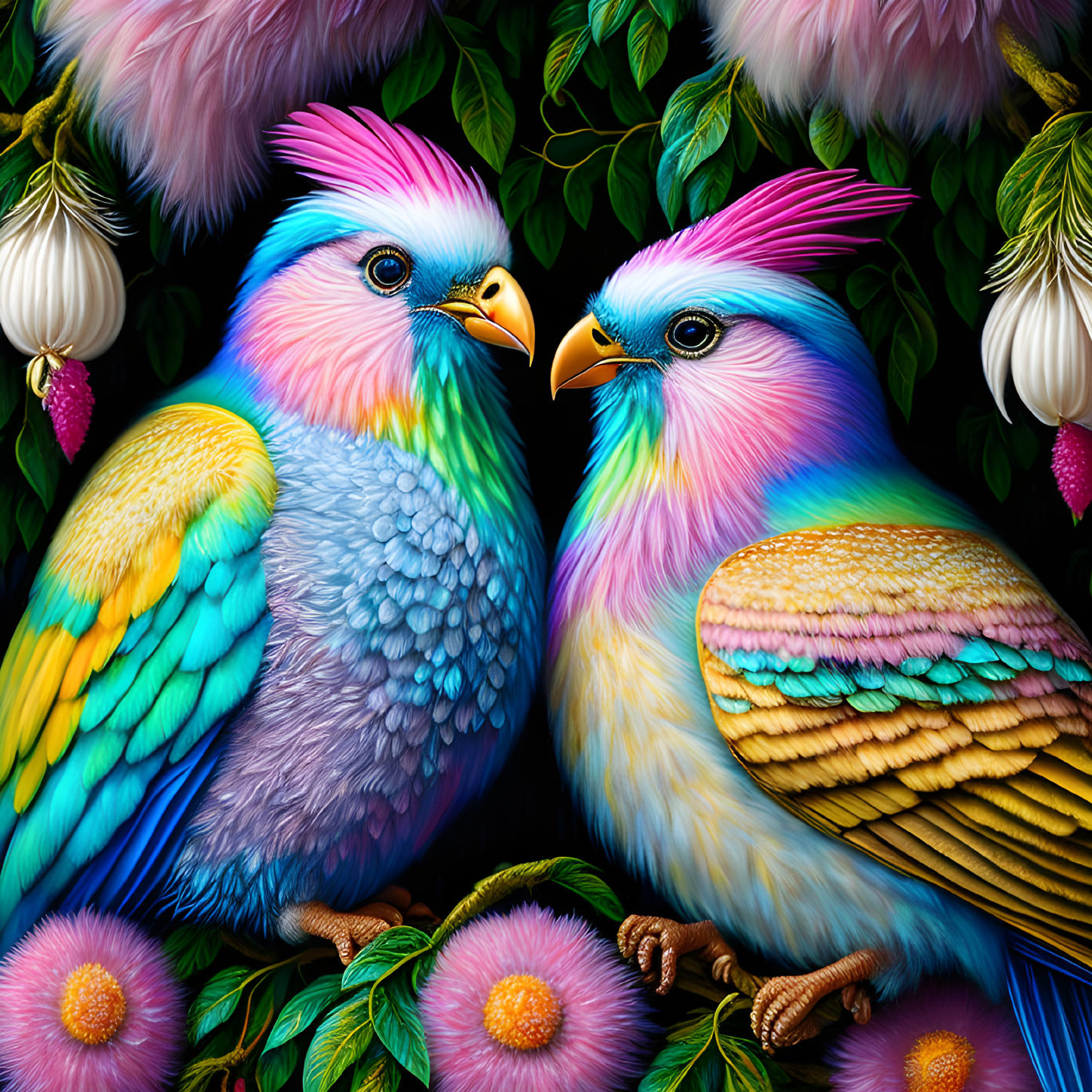 Colorful Stylized Birds Amid Lush Greenery and Flowers