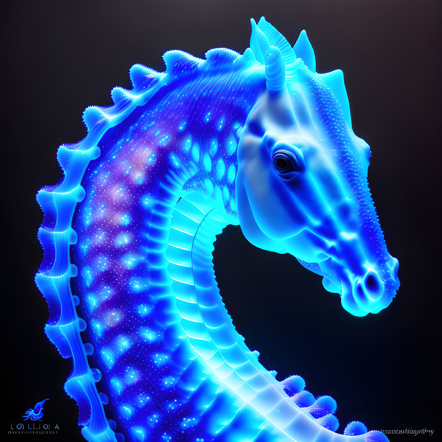 Vibrant blue digital artwork: seahorse with unicorn horn