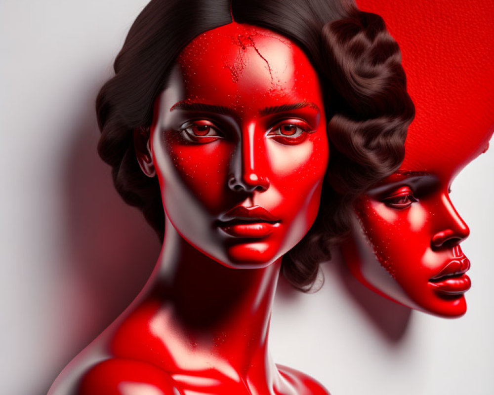 3D Illustration of Two Female Figures with Glossy Red Skin and Vintage Hairstyles